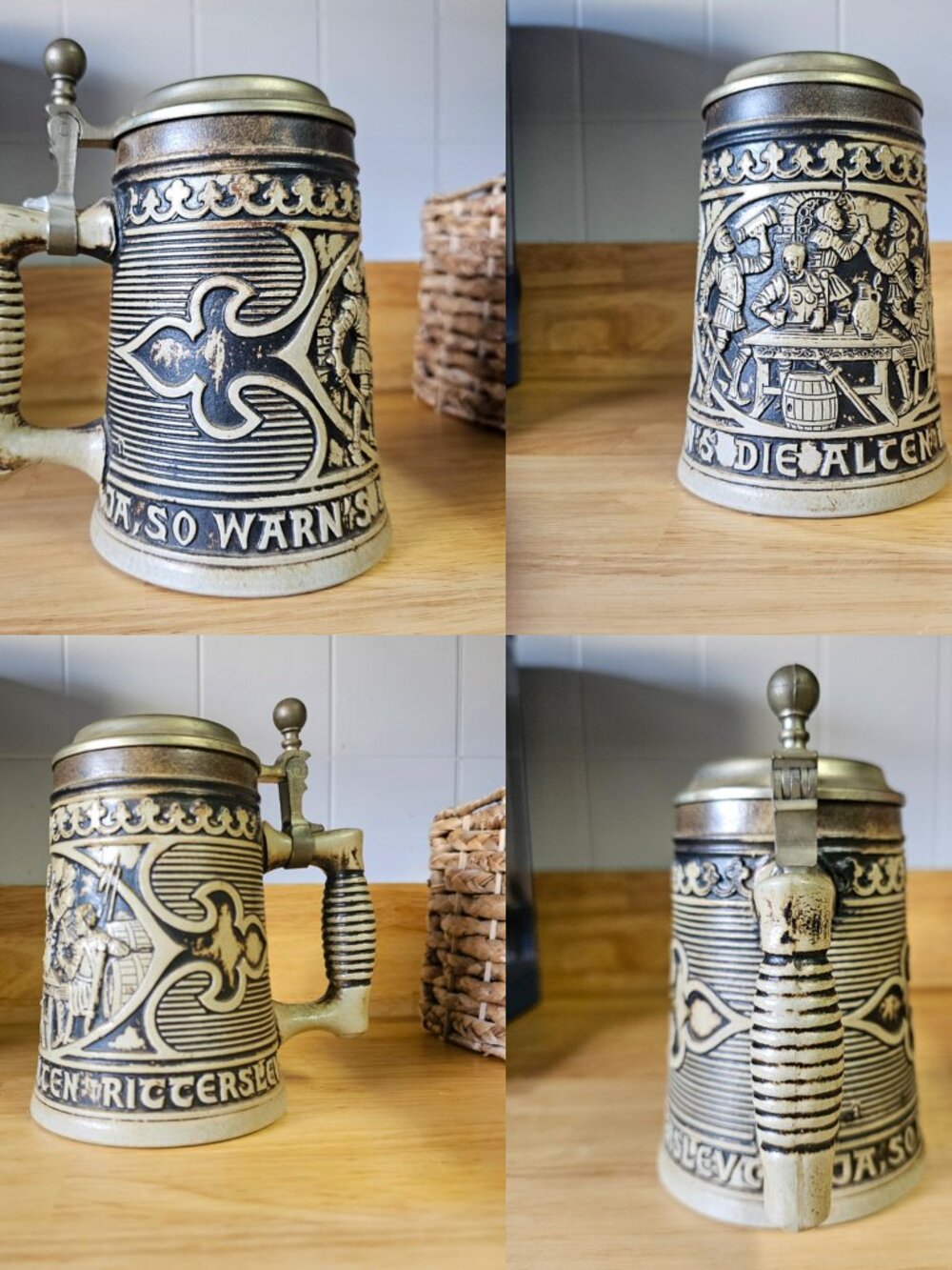 Vtg Gerz German Salt Glaze Stoneware Lidded Beer Stein Knighthood Pewter Lid